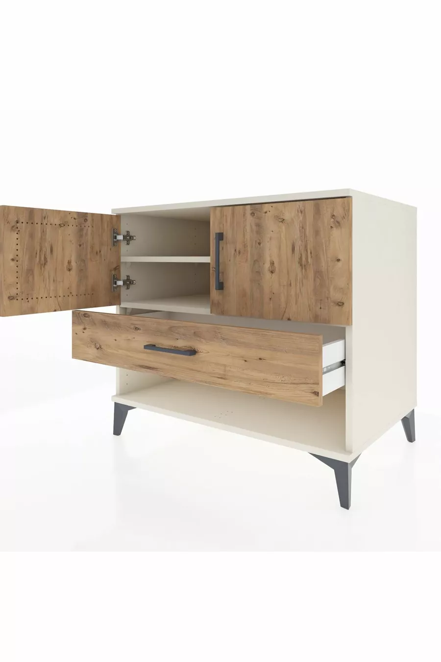 Commode Kronos avec 2 étagères, 1 tiroir et 2 portes, Pierre de Lune-Sapin