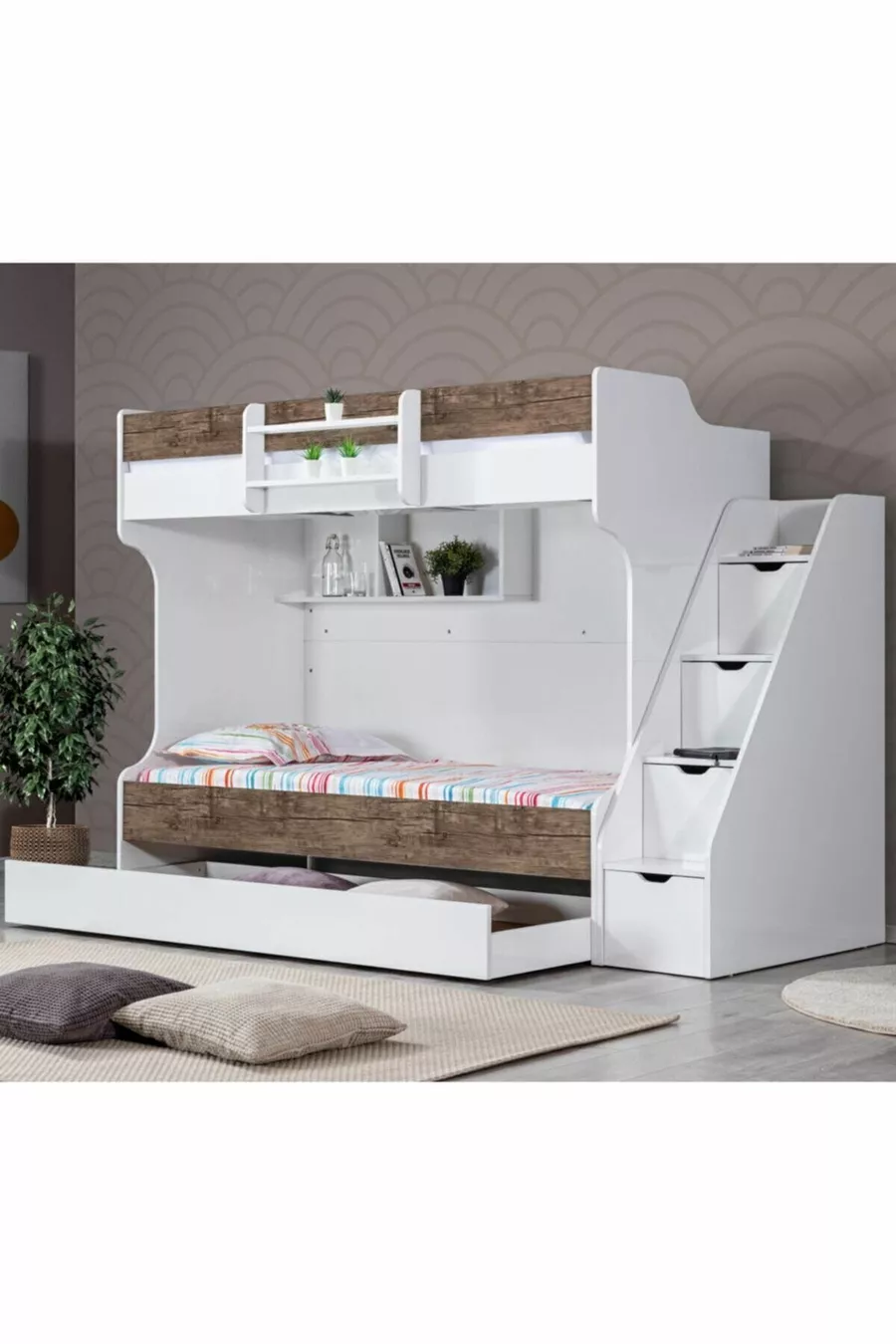Lits superposés, Lit superposé Kardem avec tiroirs - Noyer + 3 matelas Comfort