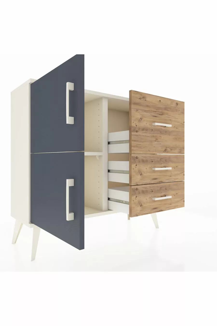 Commode Arges à une étagère, 3 tiroirs et 2 portes, Pierre de lune-Anthracite/Sapin
