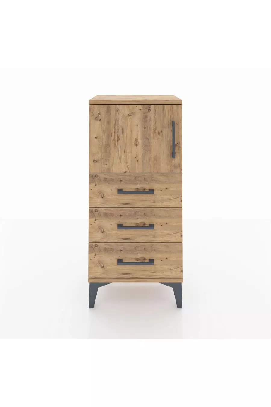 Chevet Arges avec une étagère, 3 tiroirs et une porte, en pin