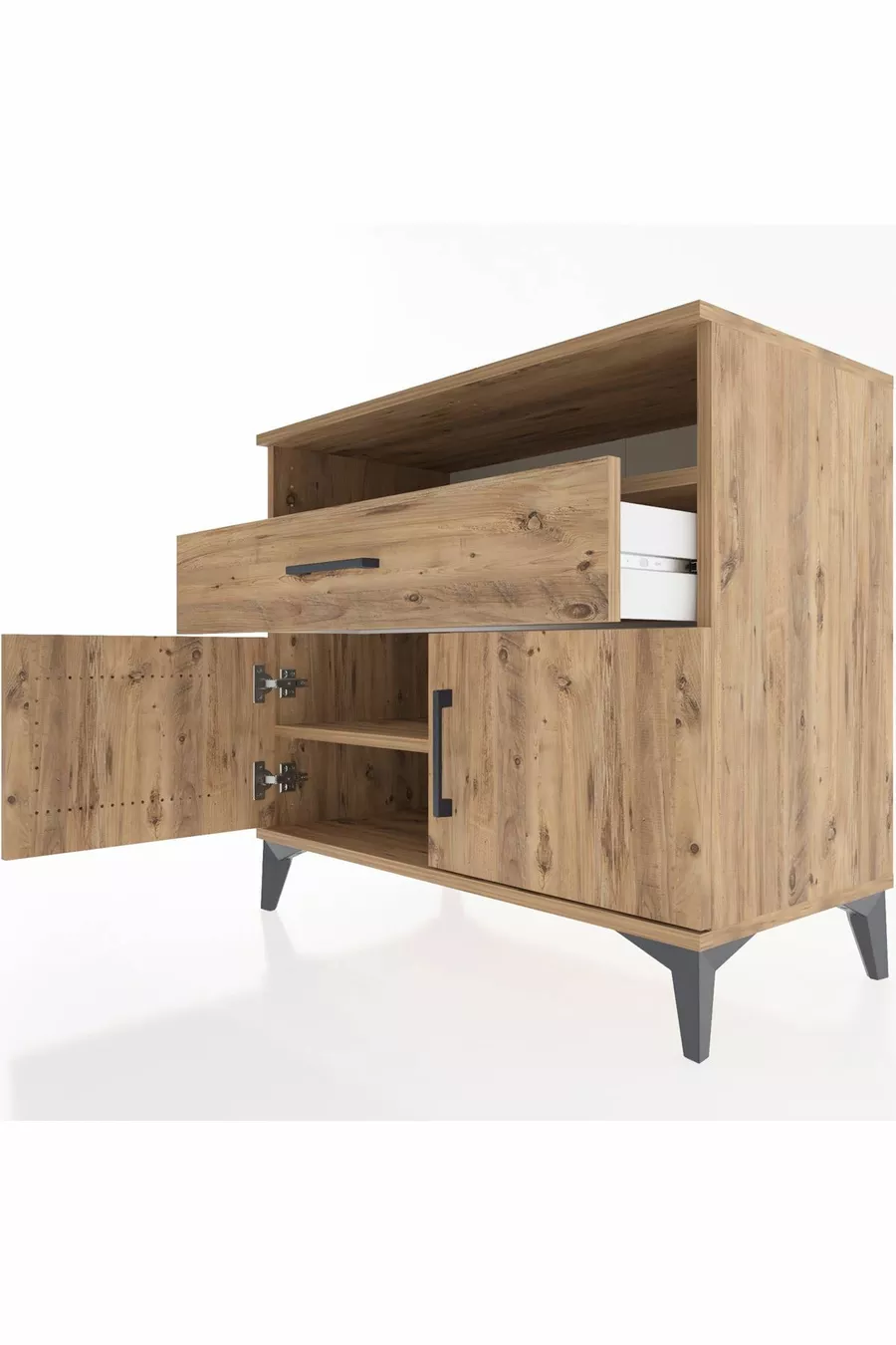 Commode Hyperion 2 étagères, 1 tiroir, 2 portes, pin-pin