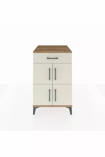 Kronos Nightstand with One Shelf, One Drawer, and Four Doors Pine-Gray Marble