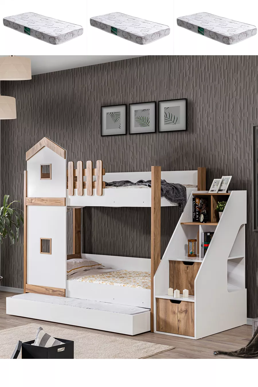 Lits superposés, Lits superposés Eyfel avec tiroirs + 3 matelas Comfort