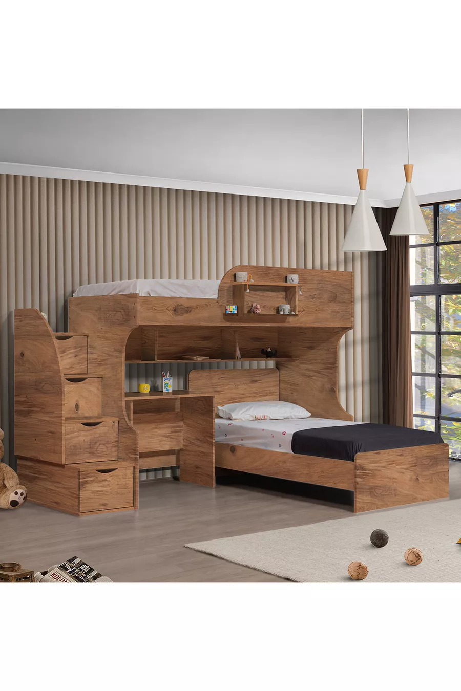 Letto a castello, letto a castello Aura con scrivania, armadio a 3 ante + 2 materassi Comfort