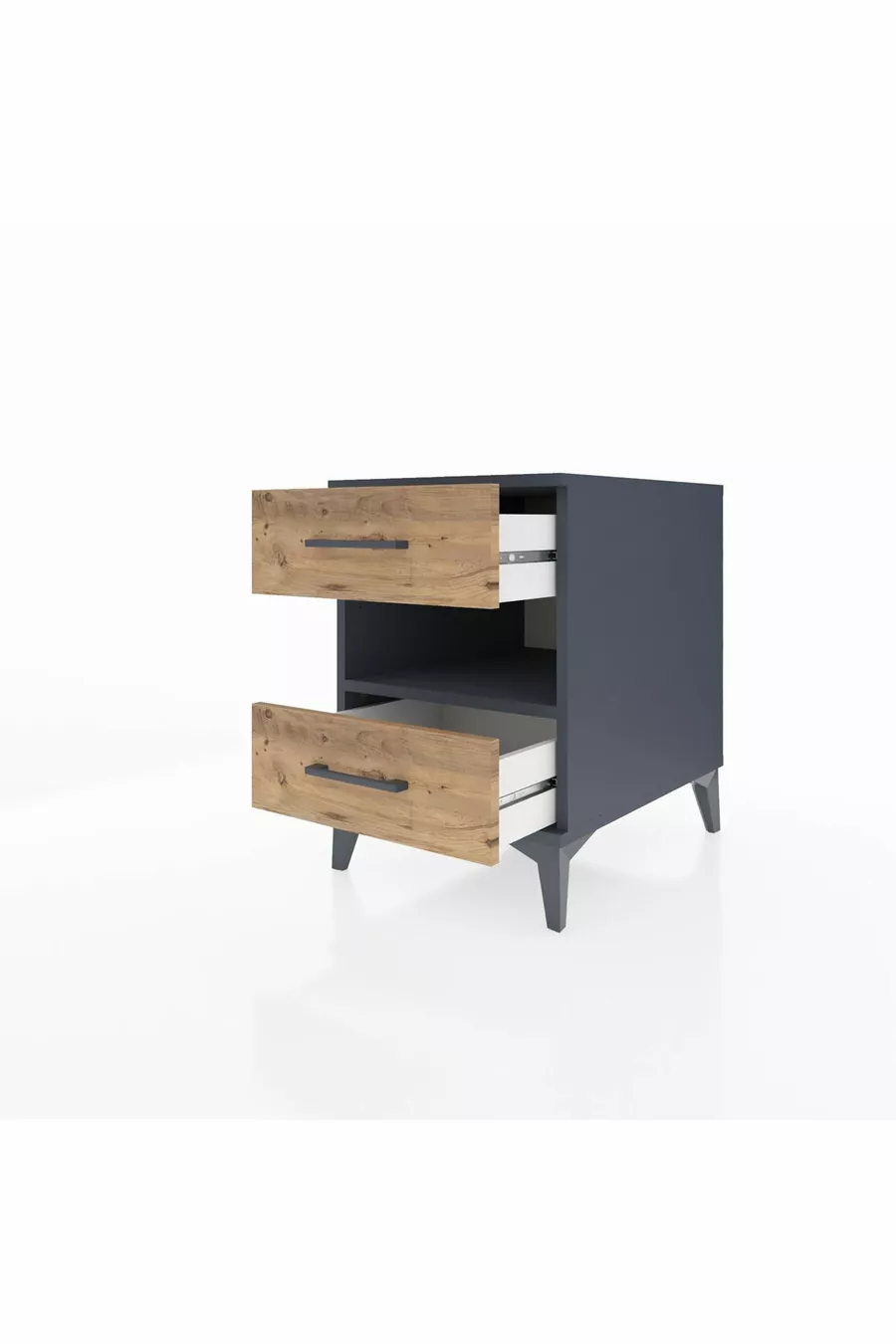 Table de chevet Kronos avec une étagère et 2 tiroirs Anthracite-Bois de pin