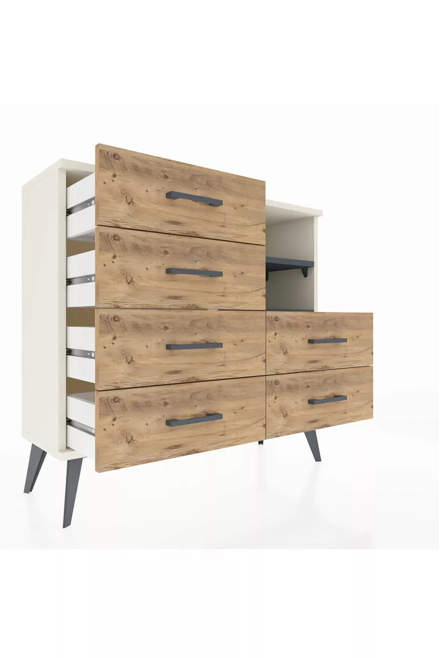 Commode Arges 2 étagères 6 tiroirs Pierre de lune-Anthracite/Sapin