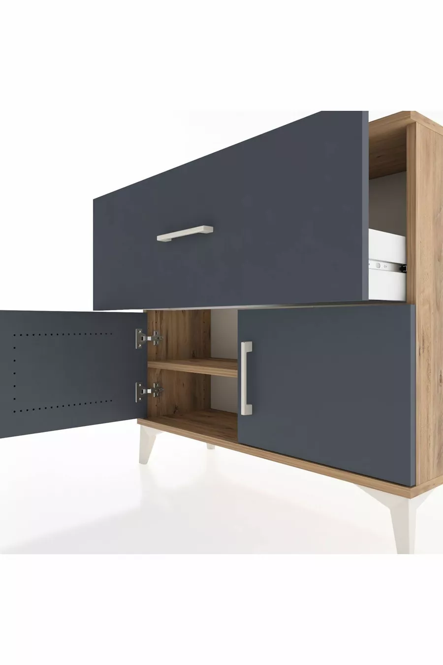 Commode Arges à une étagère, un tiroir et deux portes en pin-anthracite