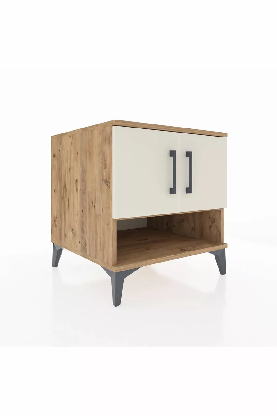 Table de chevet Kronos à 2 étagères et 2 portes, pin-pierre d'orme