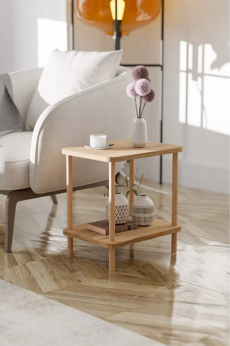 Table d'appoint latérale à 2 étagères avec large porte-journaux, bibliothèque, support pour fleurs, table de chevet, table de chevet polyvalente