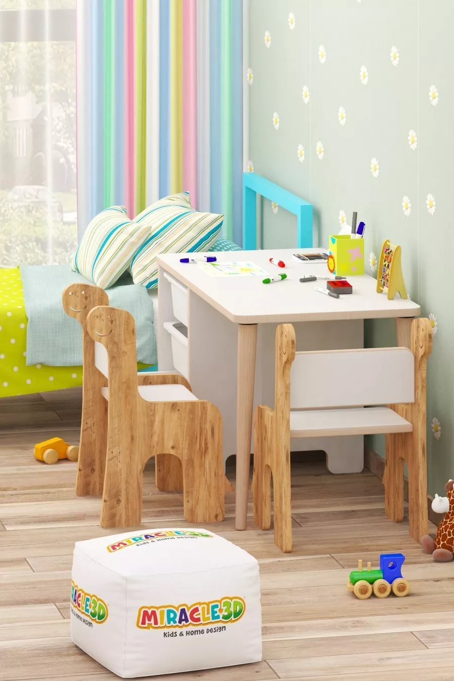 Ensemble table et chaises pour enfants - Table de travail pour enfants avec 3 paniers, table d'activités, double chaise Dino effaçable