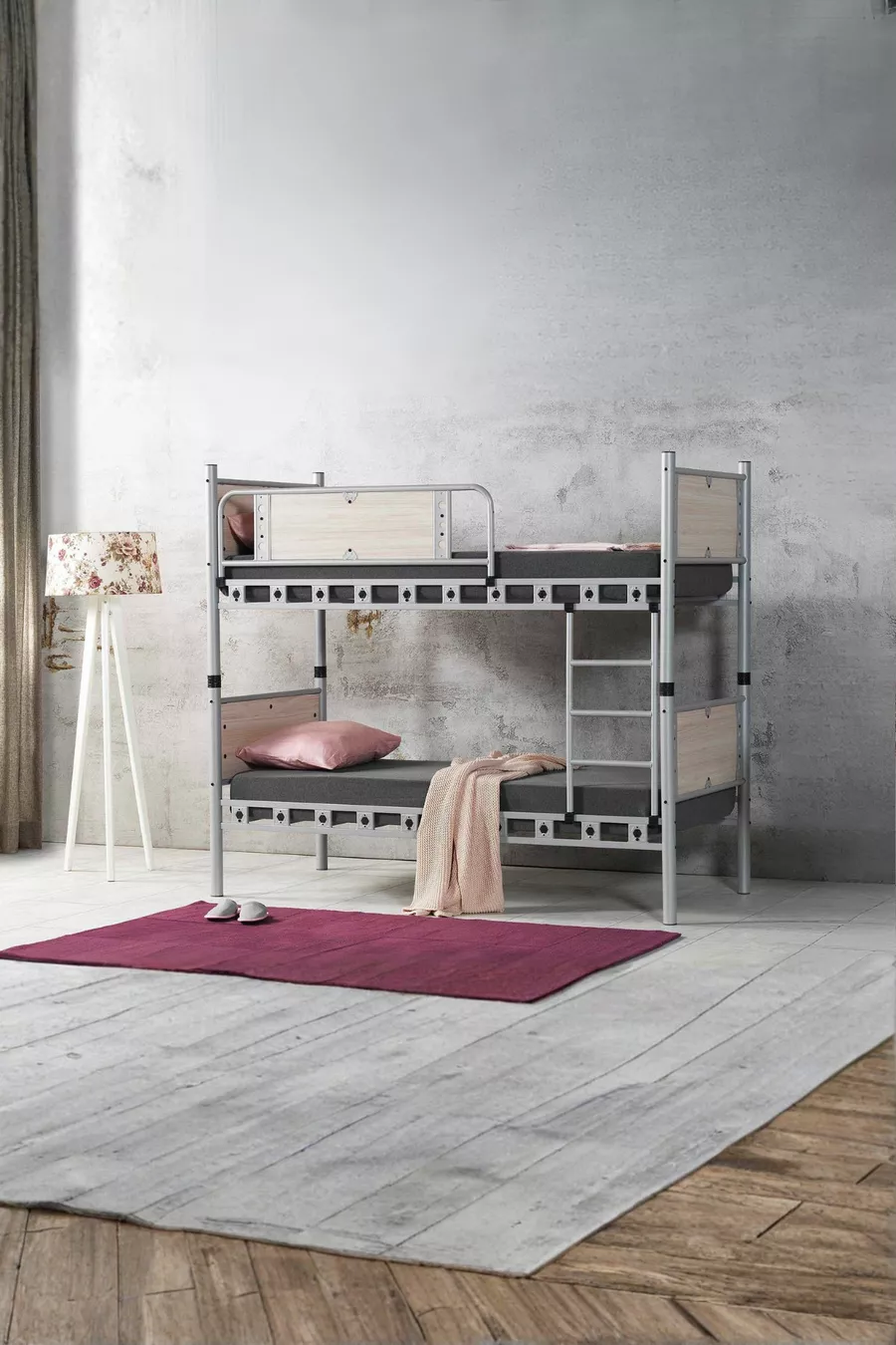 Elegant Kids' Room Bunk Bed and Bed with Wooden Headboard and Metal Frame