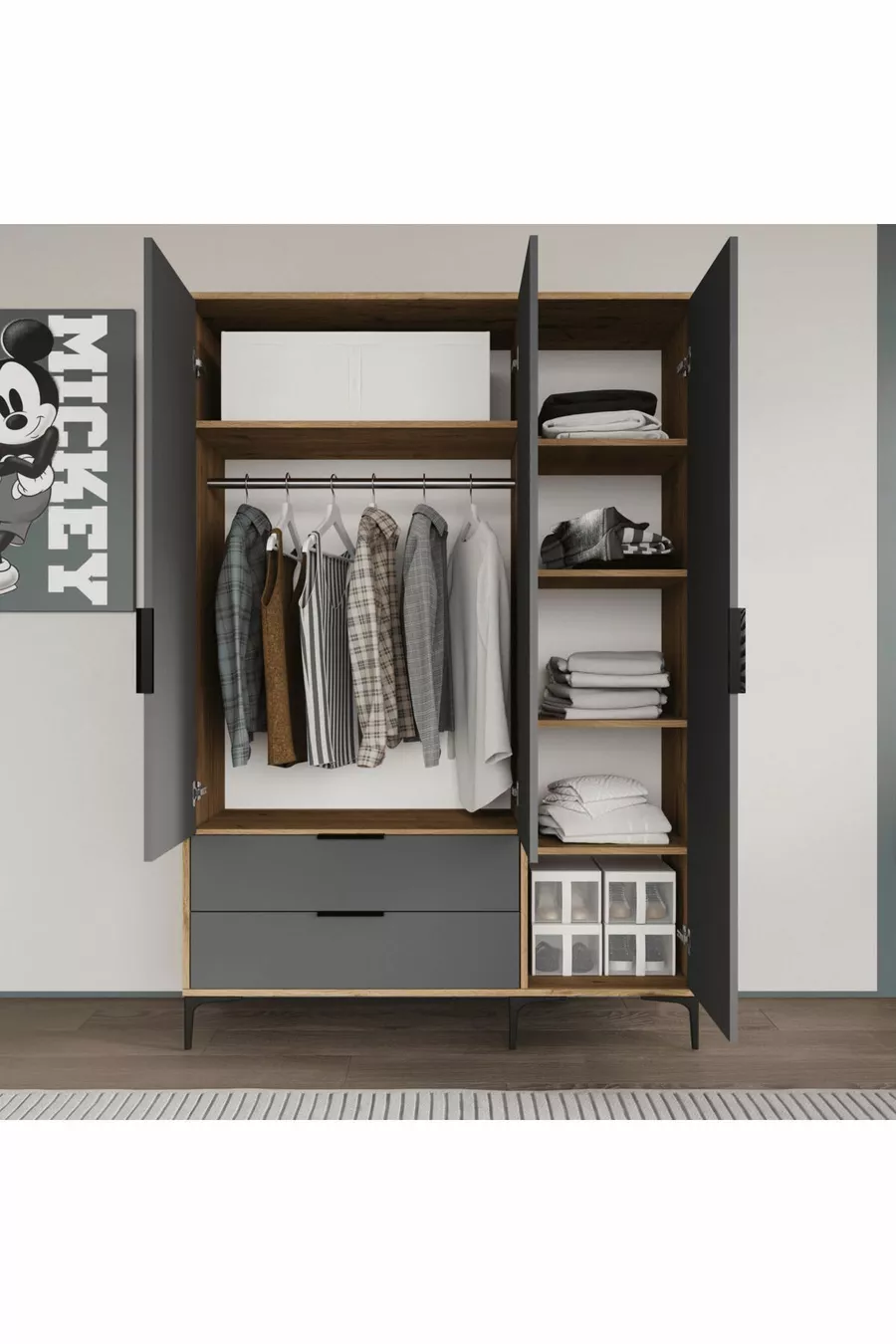 Armoire Aden 3 portes avec tiroirs, couleur anthracite complet, armoire à vêtements, armoire avec étagères