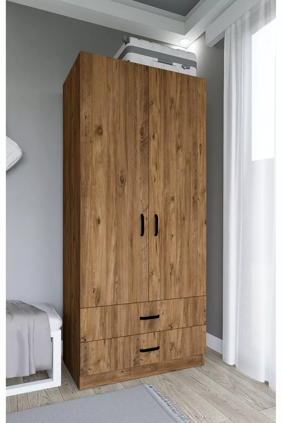 Armoire à vêtements Yaman  cm pin de l'Atlantique avec 2 portes et 2 tiroirs - Garde-robe