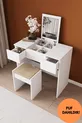 B Anka Çekmeceli Puflu Aynalı Makyaj Masası Beyaz Yatak Odası Organizer Oturaklı