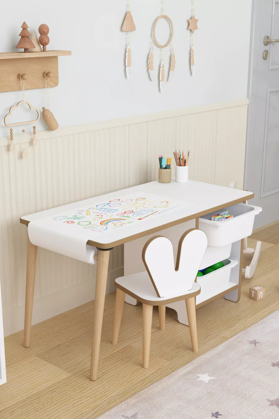 Table d'activités pour enfants à 3 tiroirs avec rouleau de papier pour dessin et chaise lapin