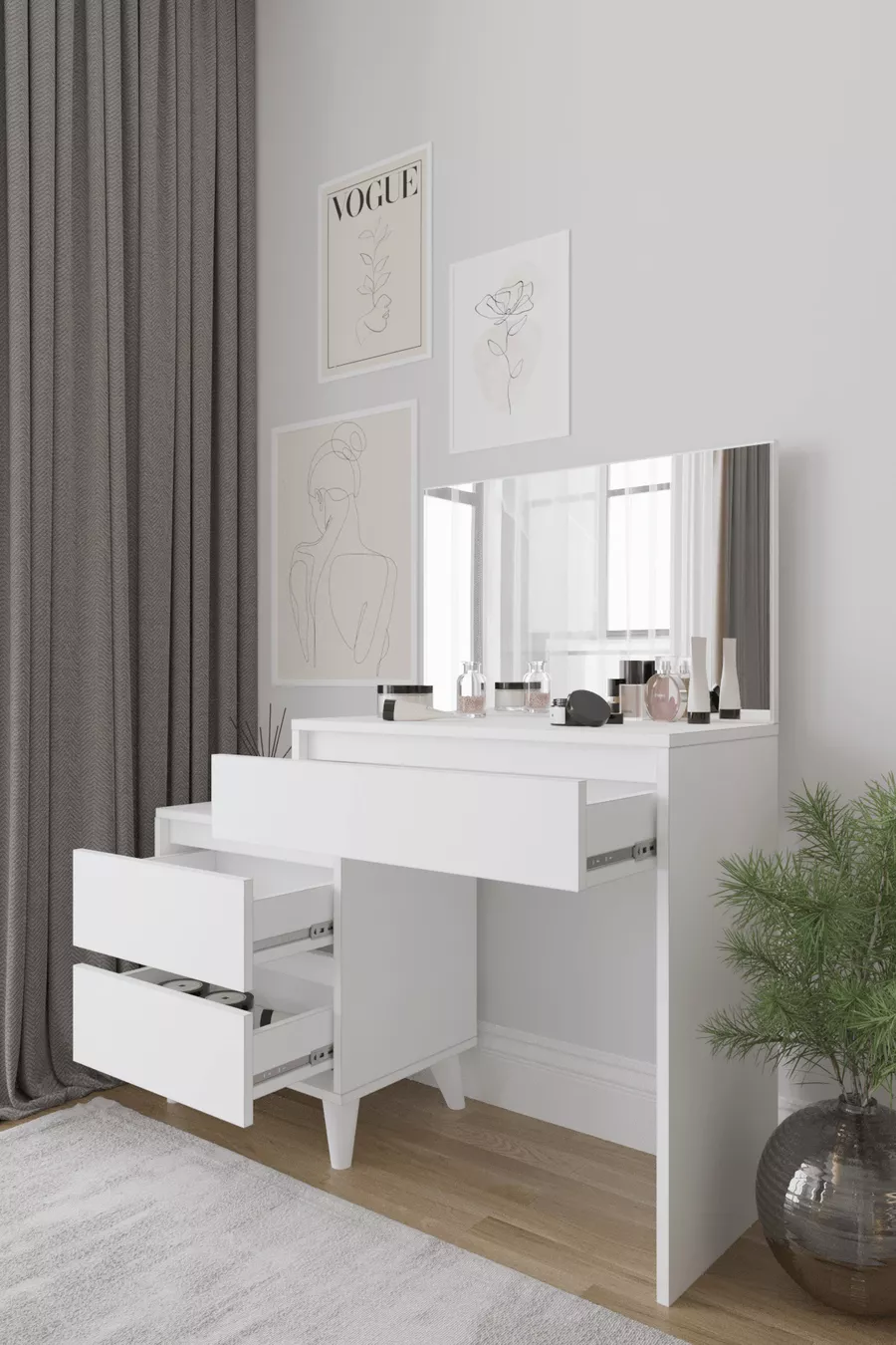 Viona Coiffeuse à 3 tiroirs avec miroir, blanche