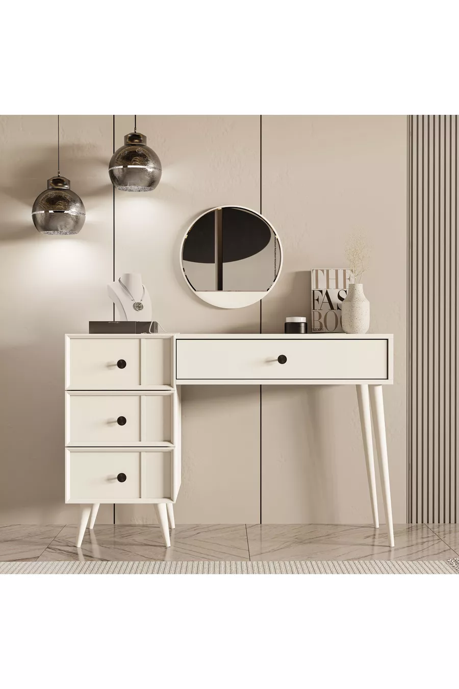 TOELETT ROSE CON SPECCHIO (CON GAMBE IN LEGNO) CON STRUTTURA IN MDF E 4 CASSETTI, COLORE BIANCO