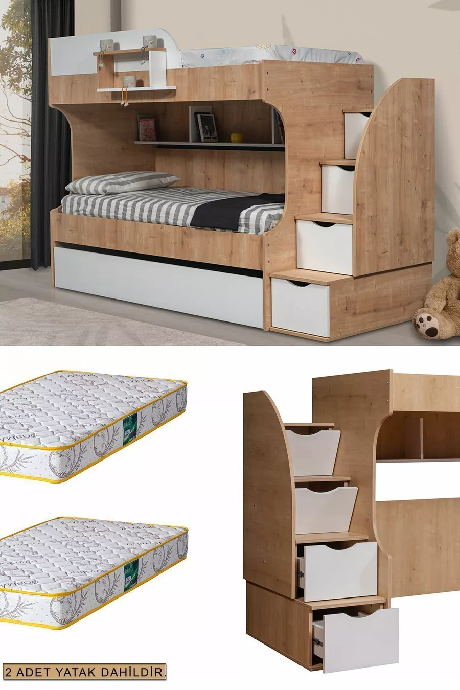 Lits superposés Aura avec tiroirs pour enfants - 2 matelas Comfort