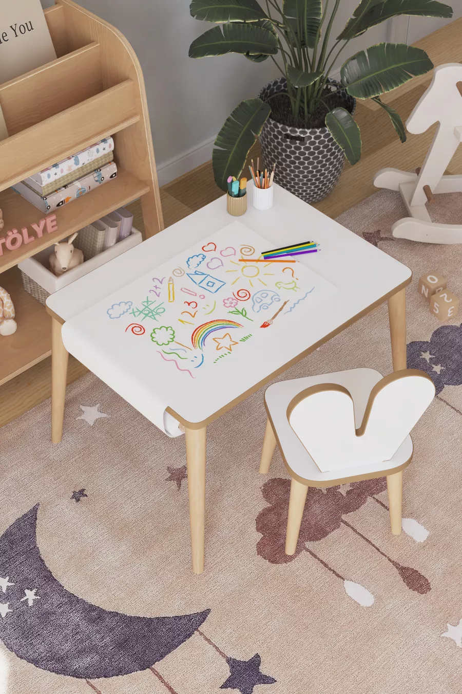 Table d'activité de jeu pour enfants Cm - Ensemble de rouleaux de papier - Table de travail avec chaise Montessori