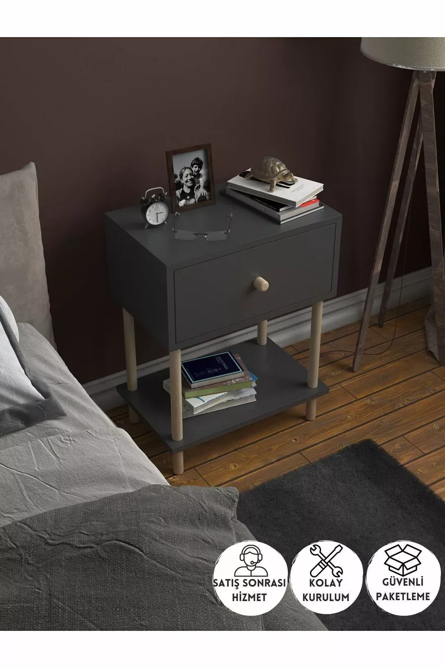 Chevet moderne avec étagères et abattant, organiseur de chevet pour chambre à coucher, table d'appoint en bois avec pieds - Anthracite