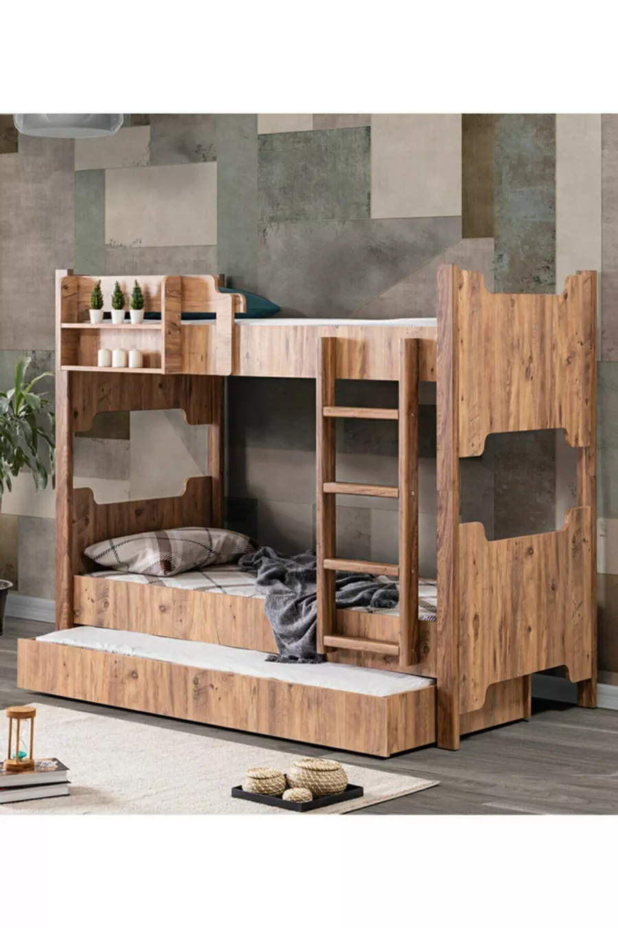 MDF Profiel Stapelbed, Avrasya Afneembaar Stapelbed, Stapelbed met Kleine Bedden Walnoot