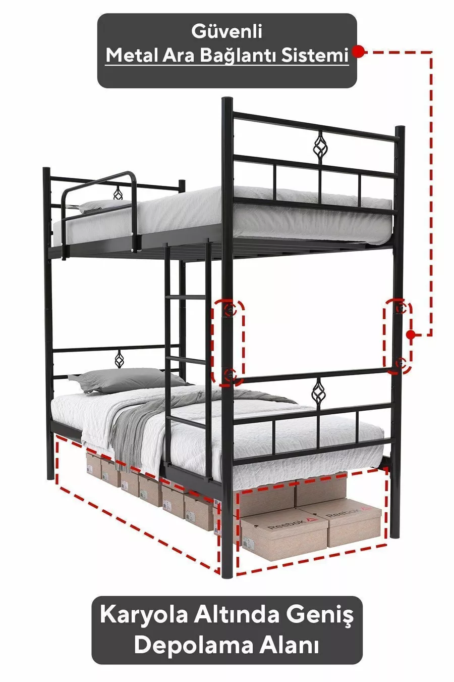 Koza Ranza Black Convertible Metal Bunk Bed Compatible with Mattress