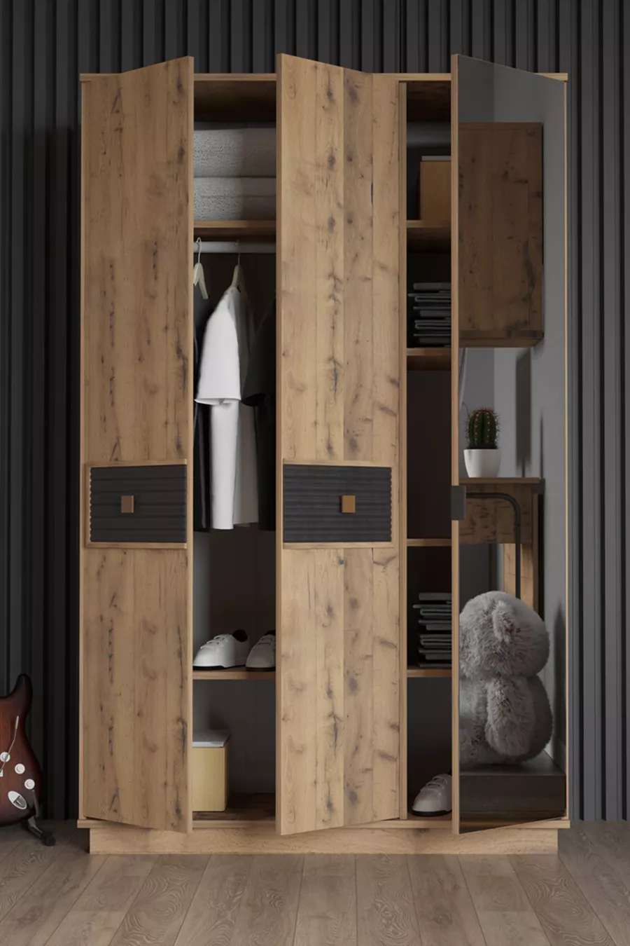 Ensemble de chambre d'enfant Arya : lit + tête de lit & armoire & bureau & étagère murale - Pin Atlantique