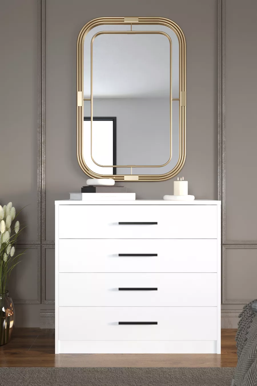 Commode Mira à 4 tiroirs, blanche, poignées noires, cm