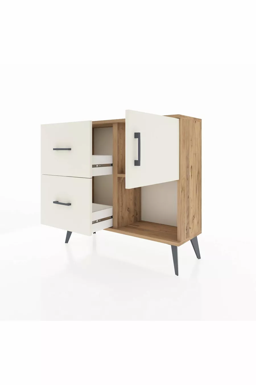Commode Arges à une étagère, 2 tiroirs et une porte, pin et pierre de batte