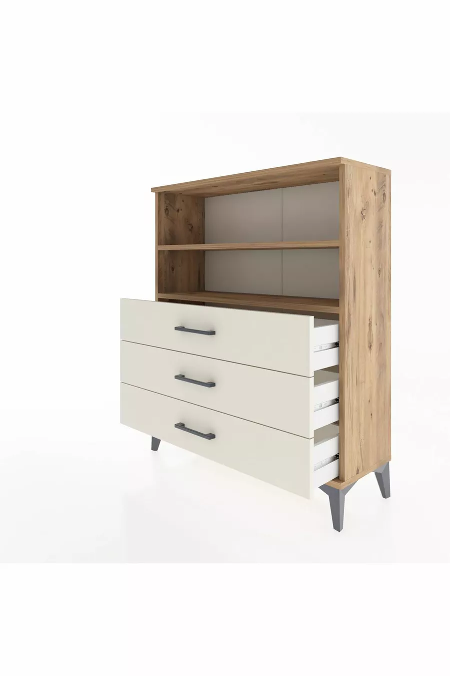 Commode Arges 2 étagères 3 tiroirs Pin-Pierre de lave