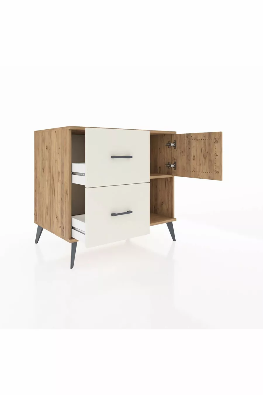 Commode Kronos avec une seule étagère, 2 tiroirs et une porte, pin-pin / pierre de lune