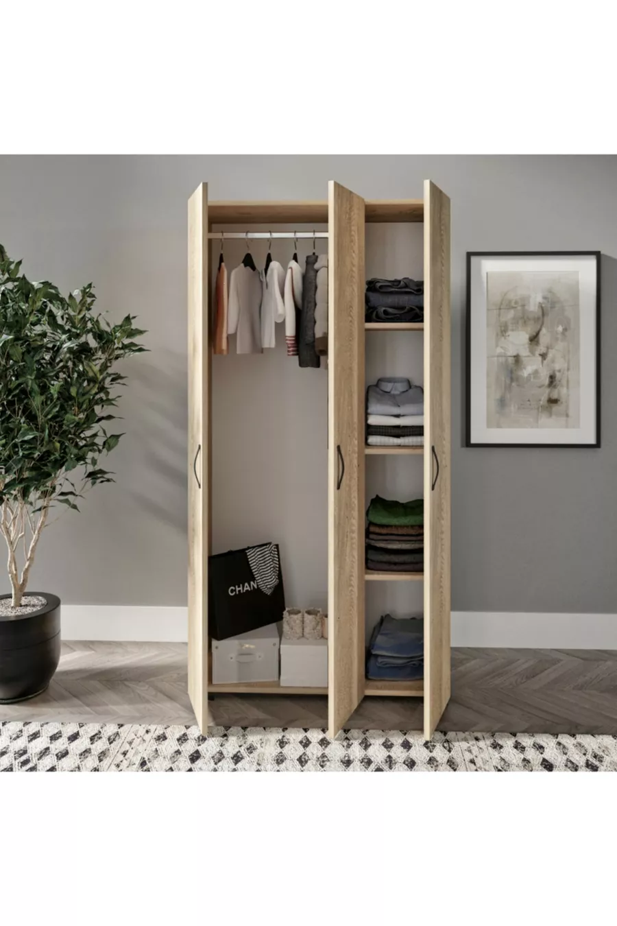 Set Camera da Letto Soft Rovere - Letto, Armadio con 3 Ante, Comò con 3 Cassetti, Tutto in MDF