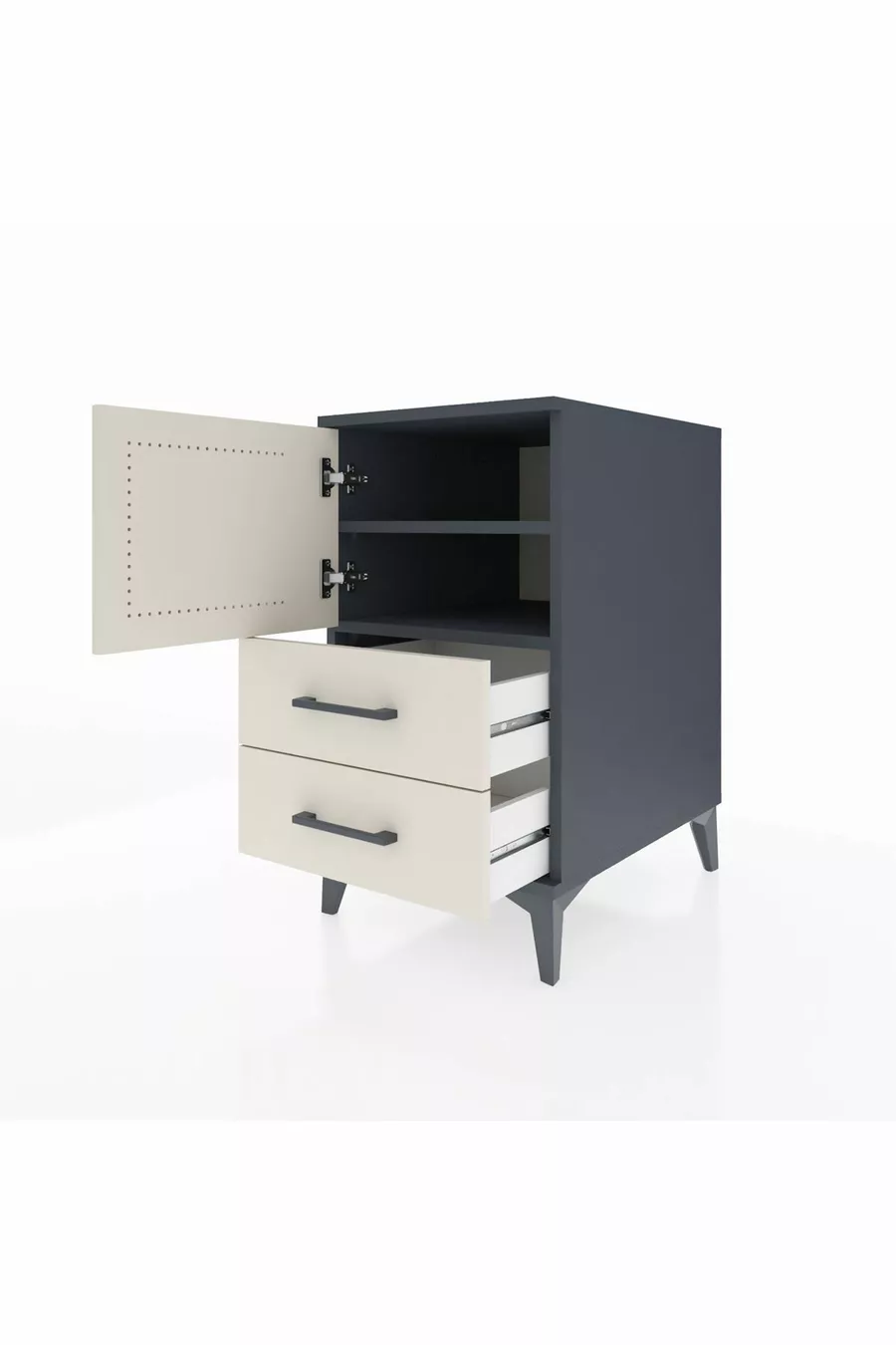 Table de chevet Kronos avec 2 étagères, 2 tiroirs et 1 porte, Anthracite-Pierre de lune