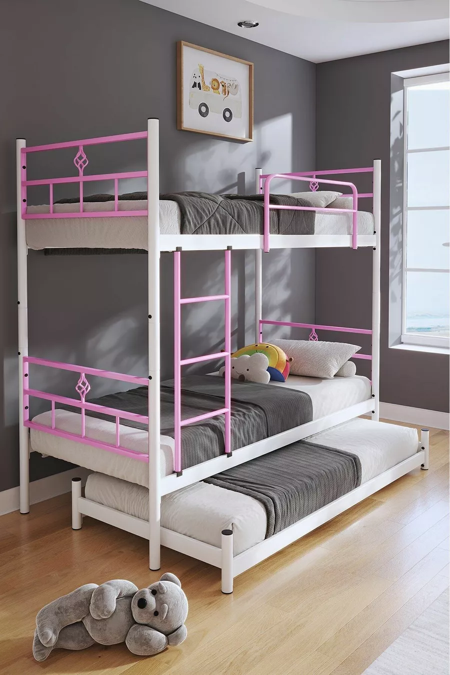 Lit superposé Koza avec tiroir pour 3 personnes, compatible avec matelas, métal rose clair