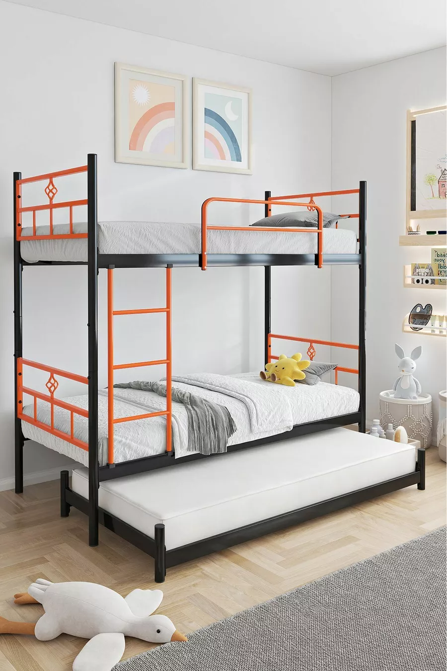 Koza Bunk Bed with Cradle, Compatible with Bed, 3-Person Orange Metal Bunk Bed
