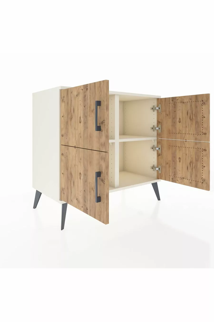 Commode Hyperion 2 étagères 4 portes Pierre de lune-Pin/Pierre de lune