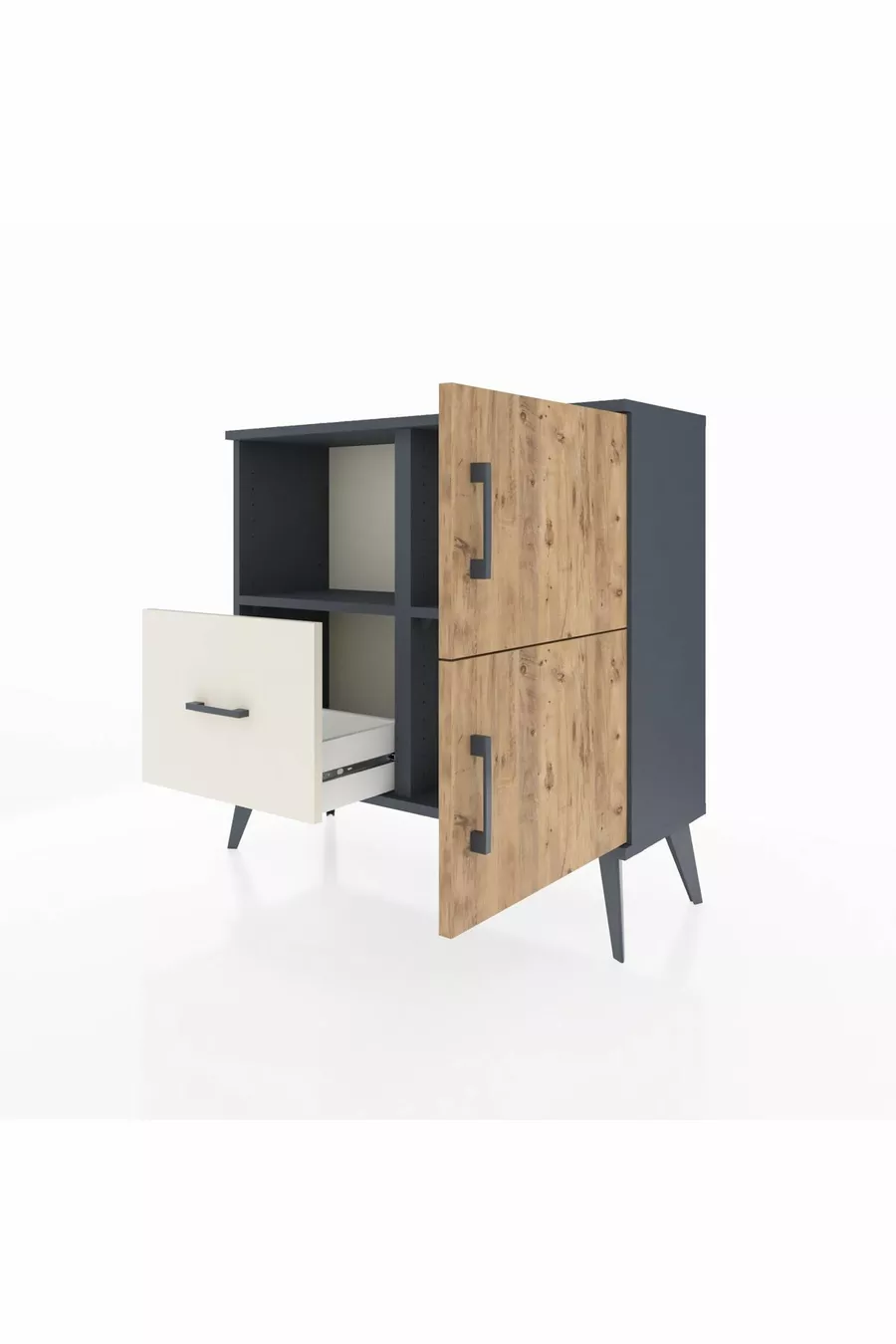 Commode Arges avec 2 étagères, 1 tiroir, 2 portes Anthracite-Sapin/Pierre de lune