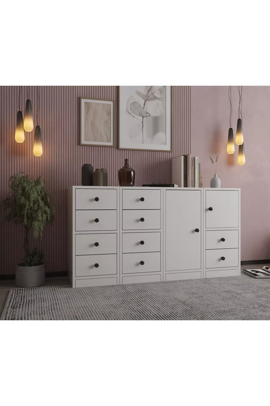 Comodino con anta e cassetti bianco Cm -Ç