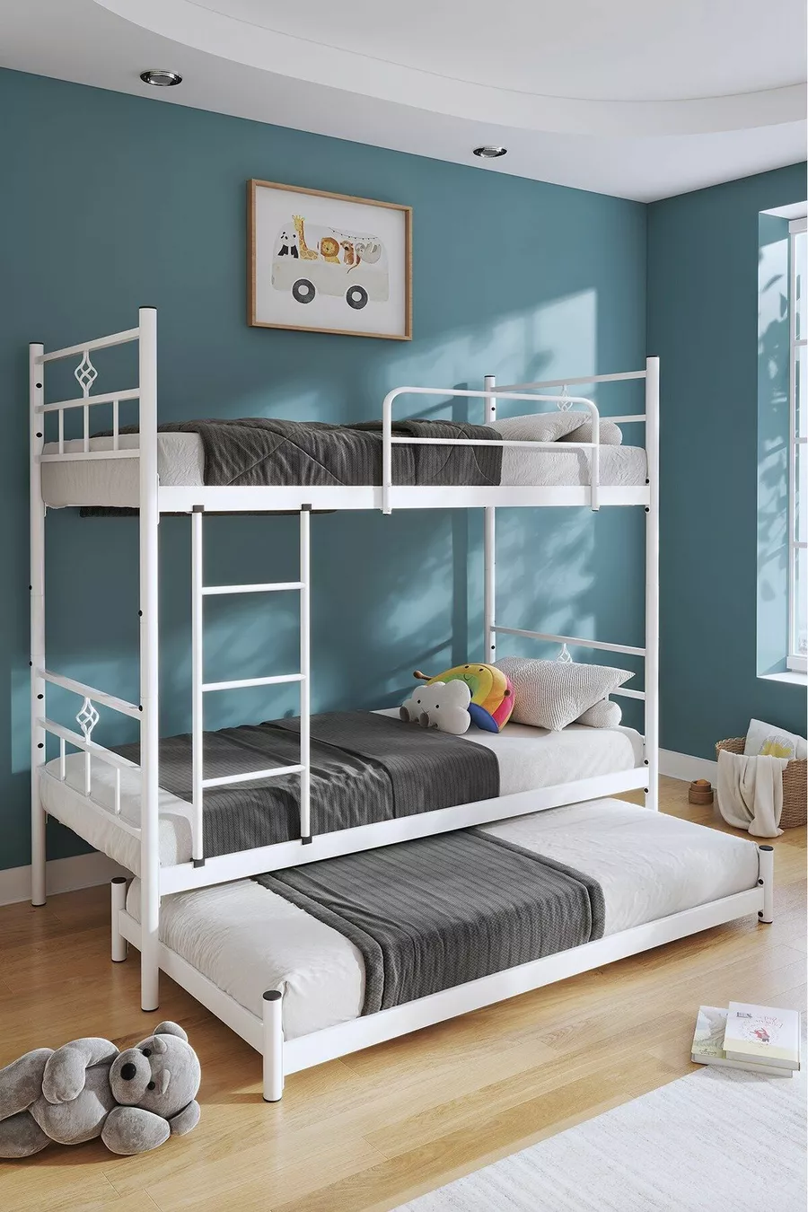 Lit superposé Koza avec tiroir, compatible pour 3 personnes, métal blanc