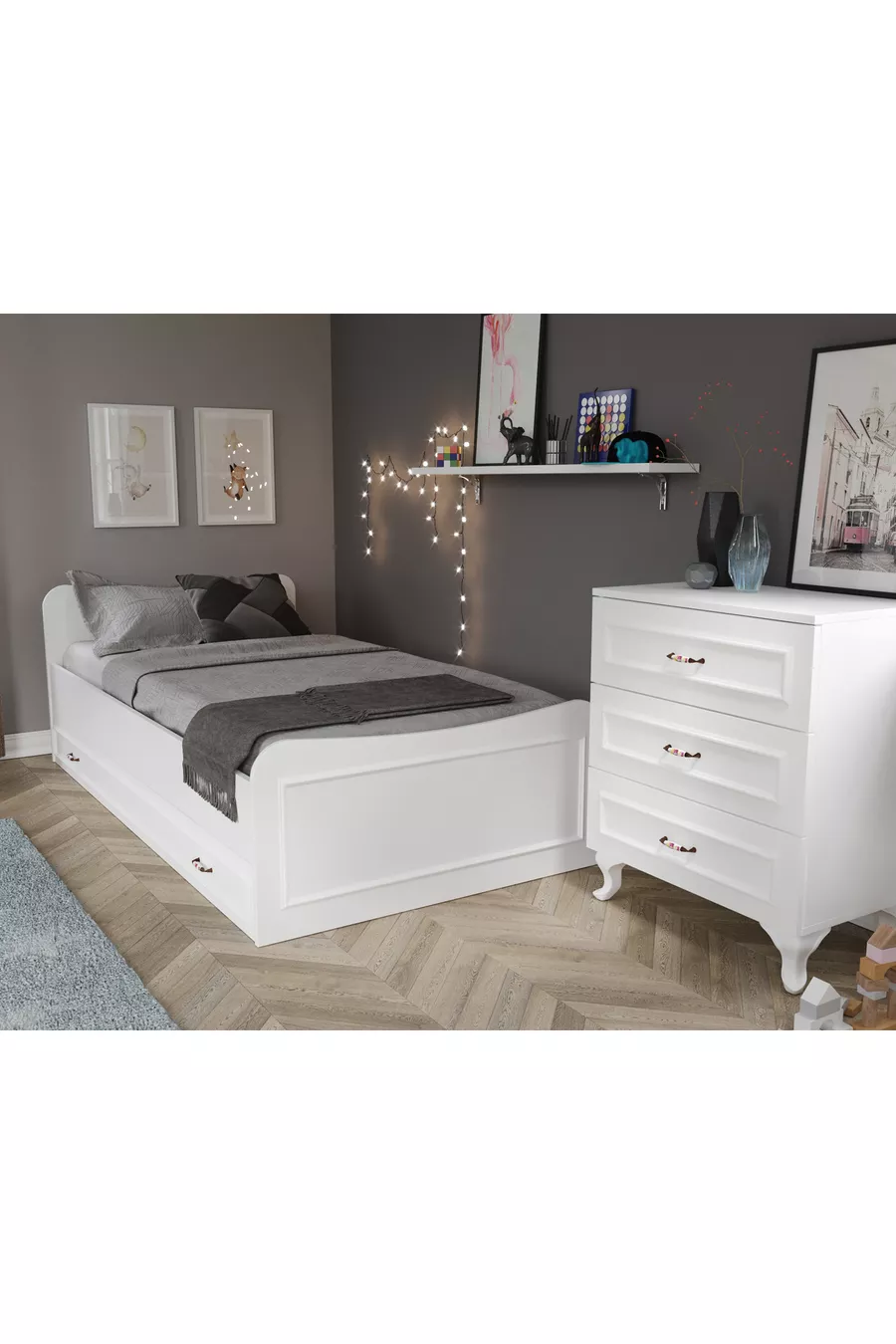 Ensemble de chambre Kartopu Country - Lit avec tiroirs, armoire à 2 portes, commode à 3 tiroirs en MDF