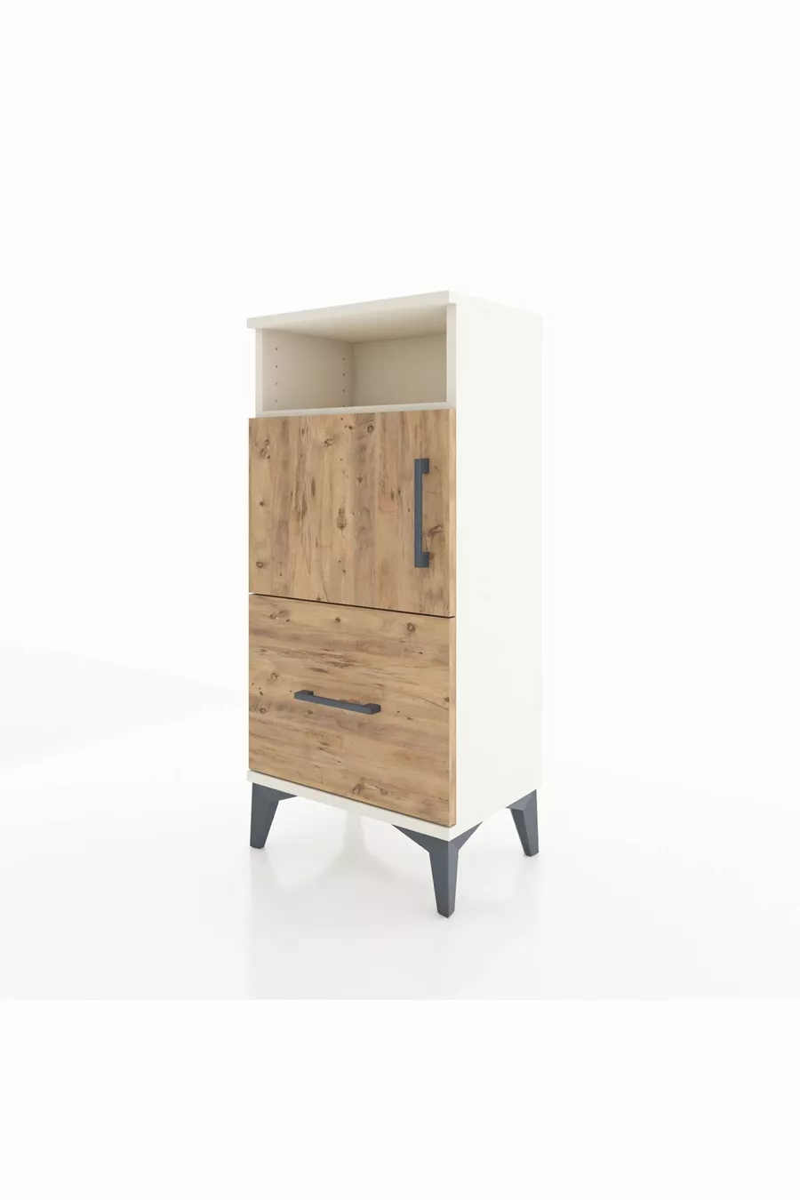 Chevet Arges avec 2 étagères, 1 tiroir et 2 portes, coloris Pierre de Lune-Pin