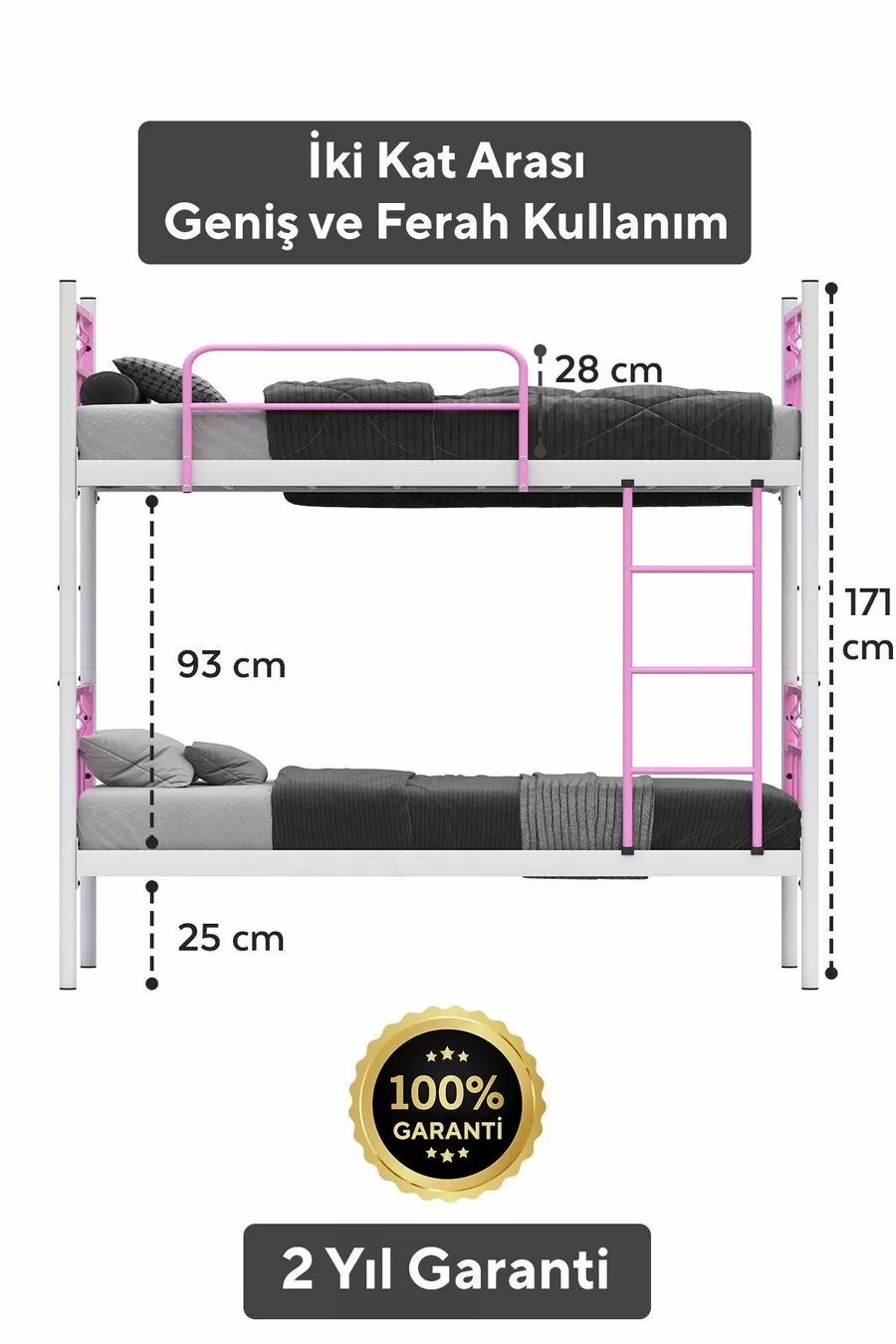 Lit superposé Koza Ranza compatible avec matelas, rose clair, métal détachable