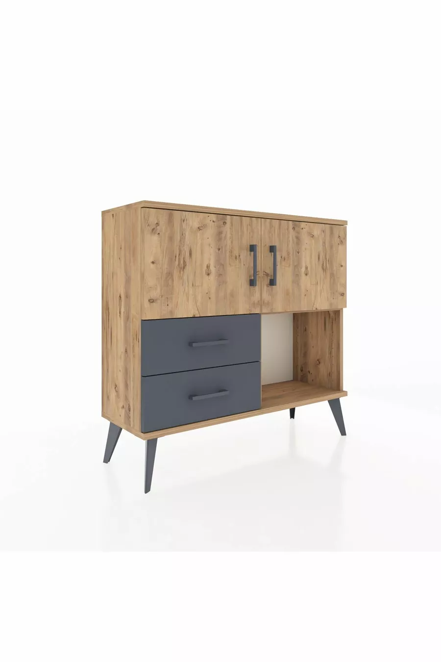 Commode Arges 2 étagères 2 tiroirs 2 portes Pin-Pin/Anthracite