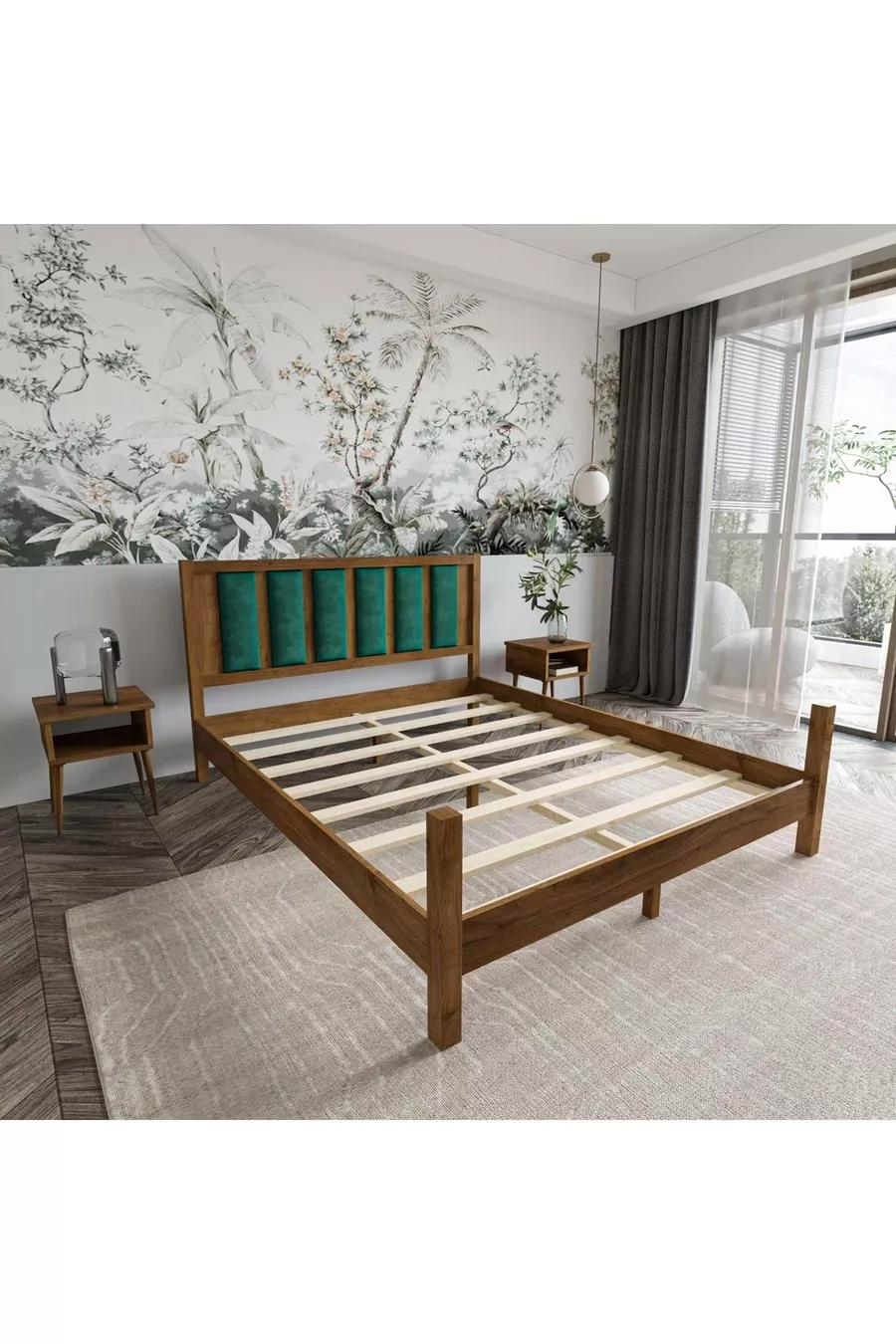Orion Model Smaragdgroene Gewatteerde Hoofdbord Walnootkleurige Dennenhouten Bed en Twee Nachtkastjes Set