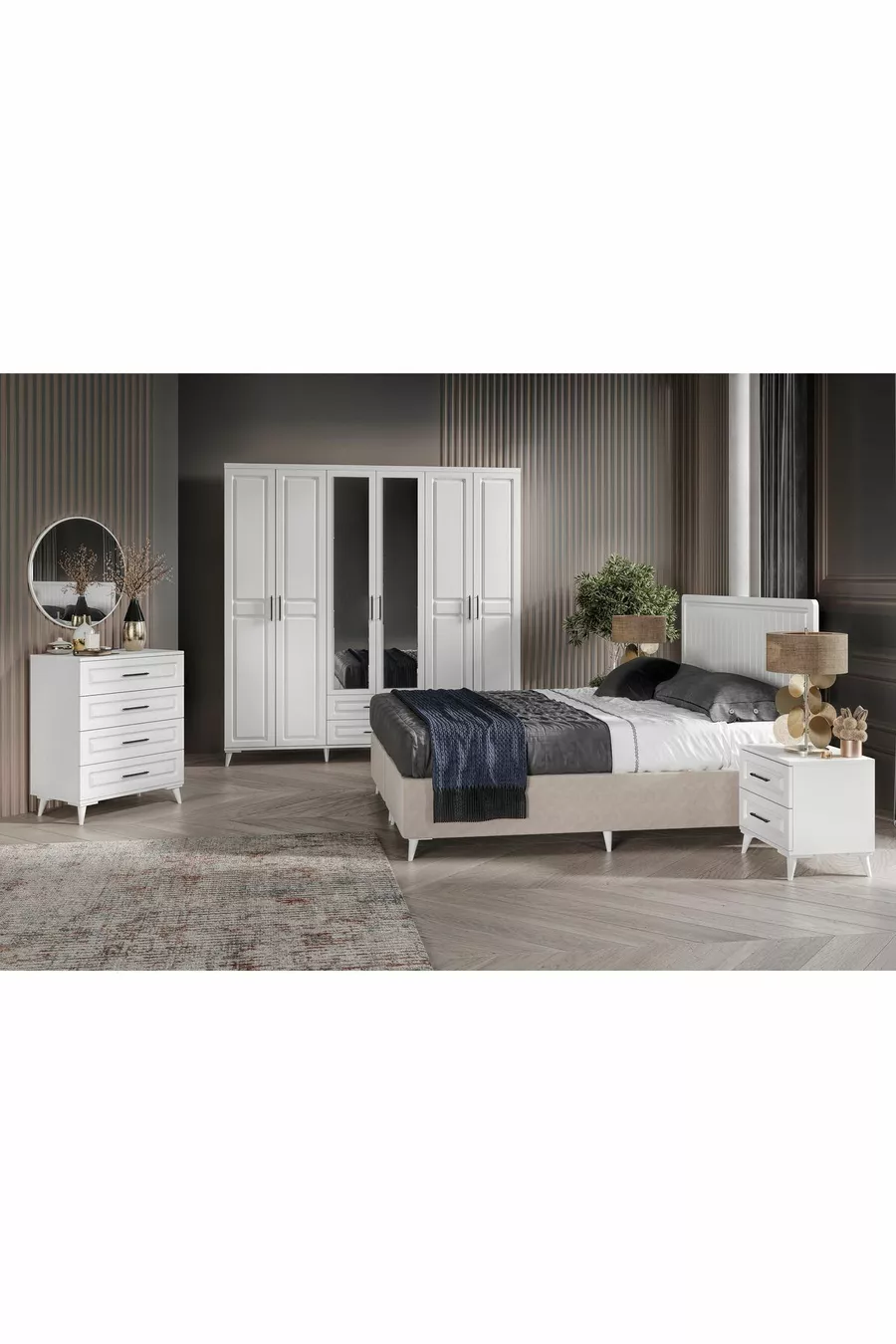 Camera da letto completa in MDF bianco Gözde 6 ante con montaggio gratuito