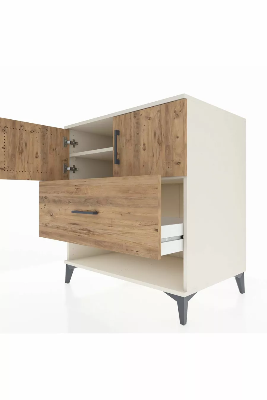 Commode Kronos avec 2 étagères, 1 tiroir et 2 portes, Pierre de Lune-Sapin