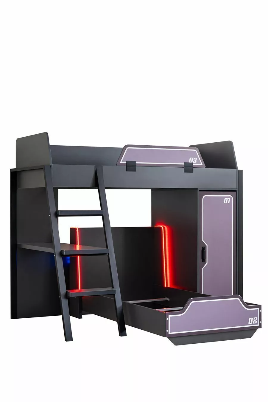 Camera da gioco con letto a castello, letto a castello Gamer con LED, scrivania, armadio e 2 letti comfort