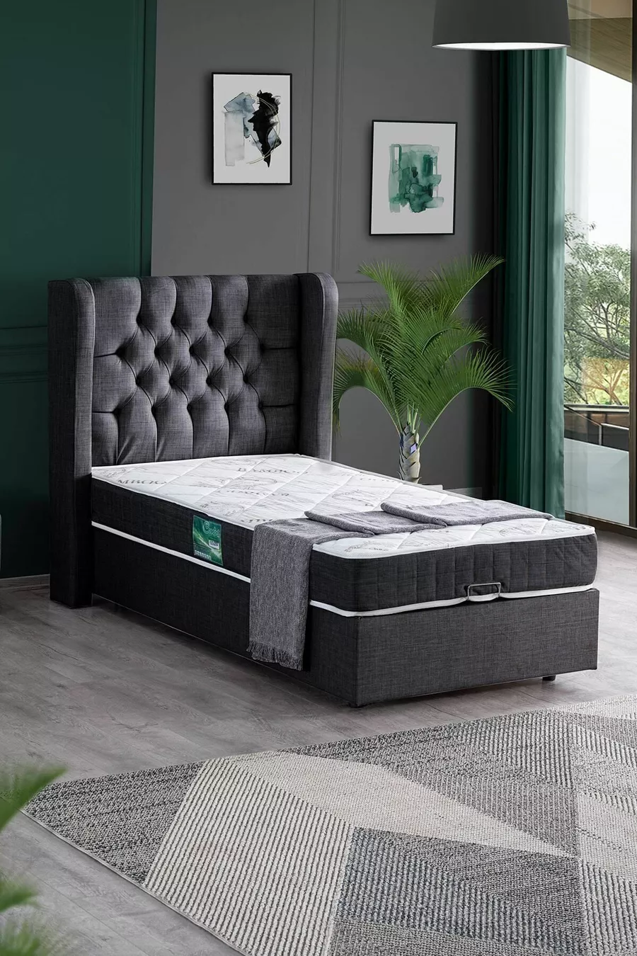 Riga Tek Kişilik Baza Başlık Comfort Yatak Seti, Antrasit