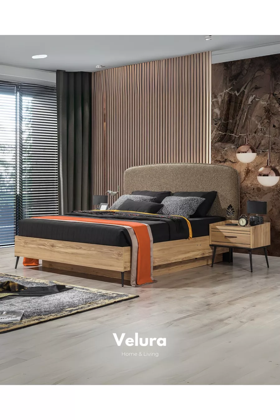 Ensemble de chambre à coucher İzgi (Armoire à 6 portes vitrées + Commode + Table de chevet + Lit)