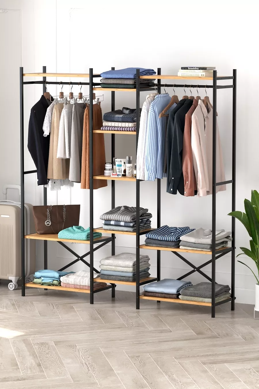 -Shelf Metal Wardrobe Metal Hall Stand Open Wardrobe Clothes Cabinet Coat Rack Openix Pine